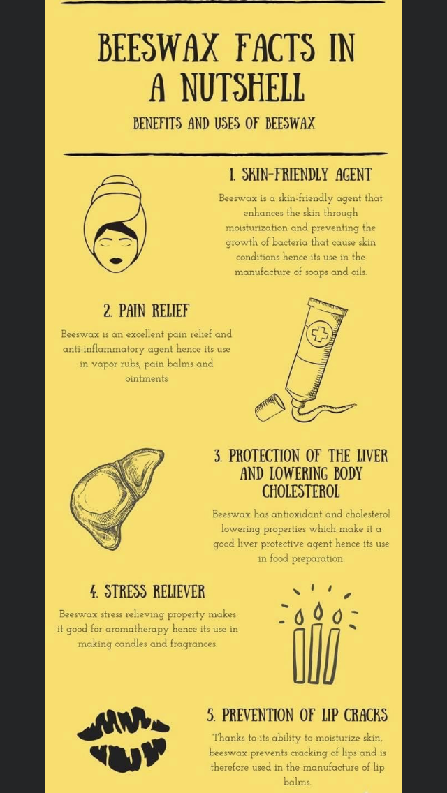 Beeswax facts infographic on a yellow background.