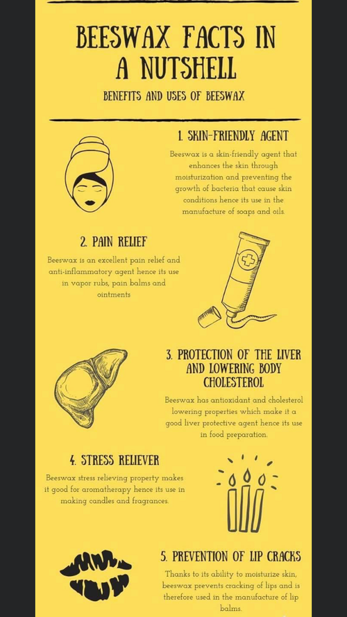 Beeswax facts infographic on a yellow background.