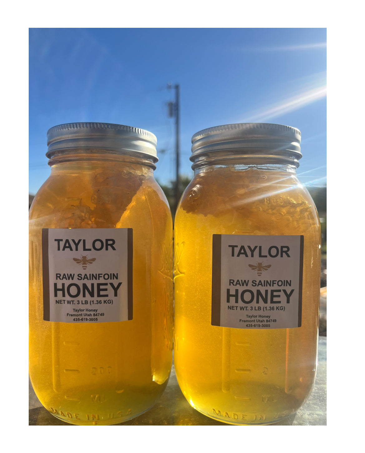 Two jars of Taylor Raw Sainfoin Honey with a clear blue sky background.